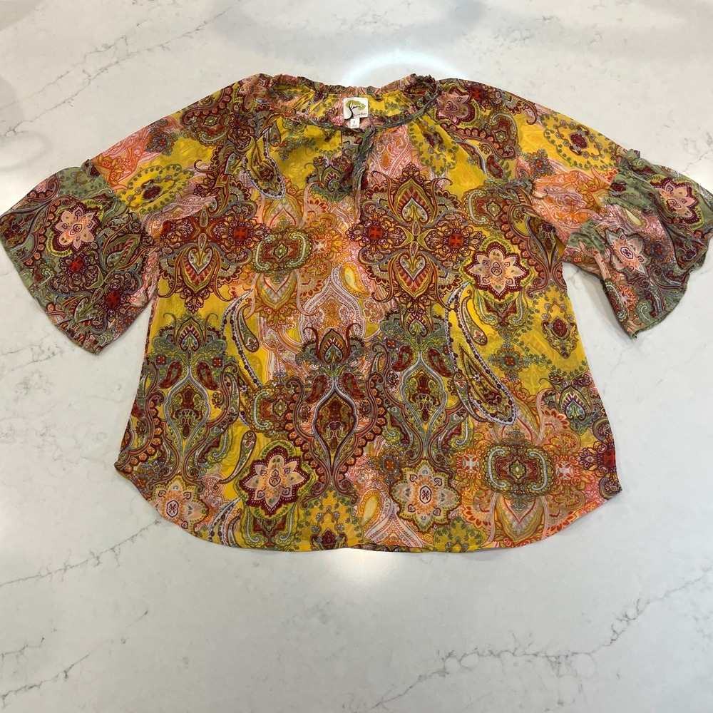 Fig &‎ Flower Anthropologie Peasant Blouse Shirt Paisley 3/4 Bell Sleeve Large